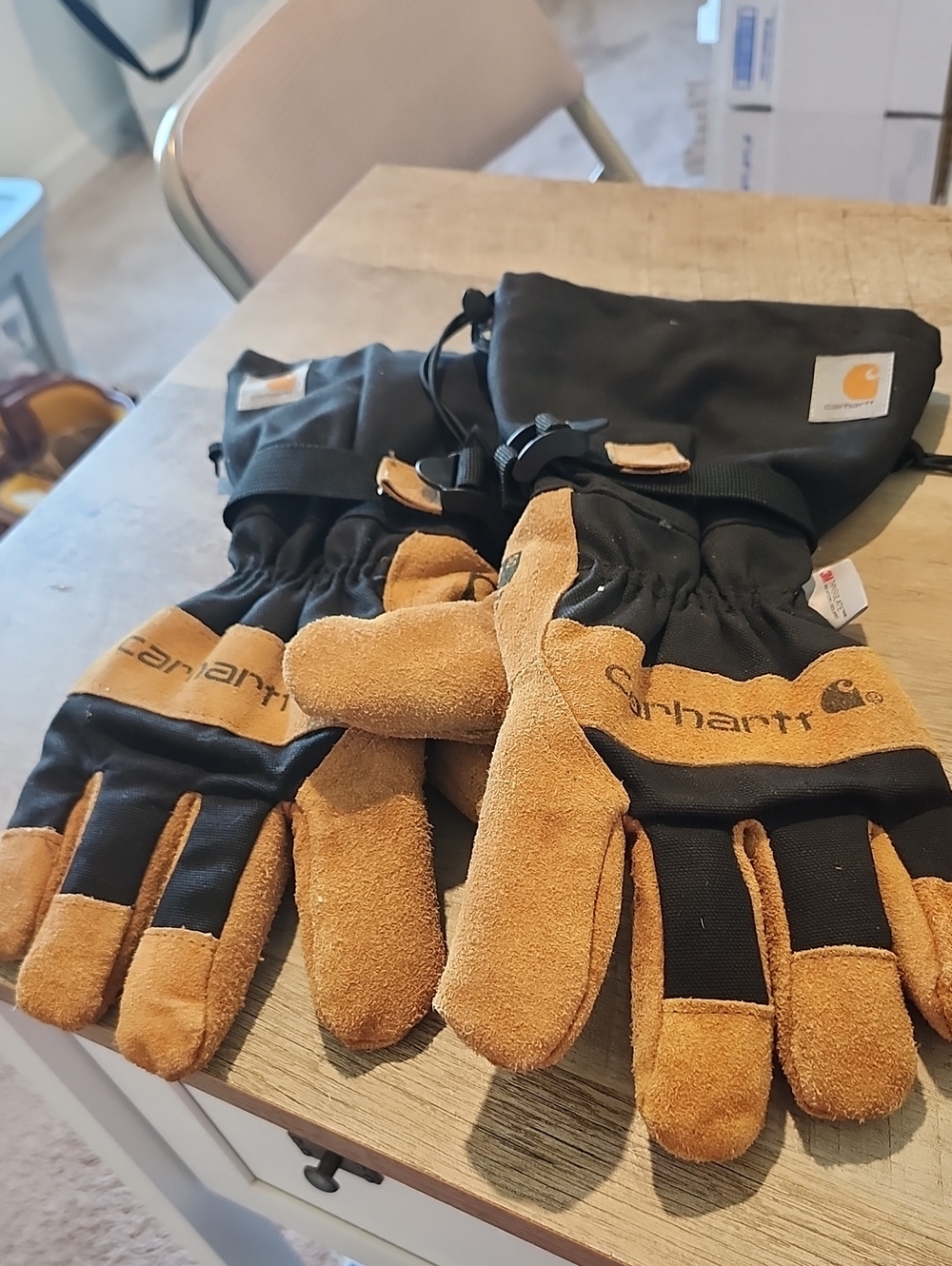 Carhartt Brown and Black Suede Work Gloves with Insulated Gauntlet